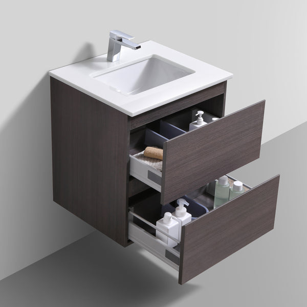 24" Liam, Grey Oak Wall Mount Vanity with Quartz Top LM1024-GO