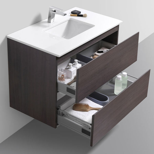 36" Liam, Grey Oak Wall Mount Vanity with Quartz Top LM1036-GO