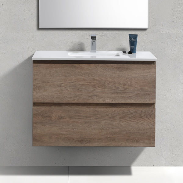 36" Liam, Light Walnut Wall Mount Vanity with Quartz Top LM1036-LW