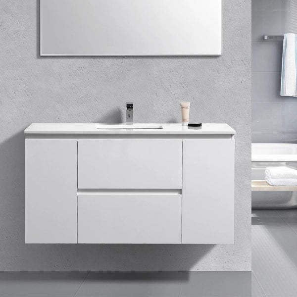 48" Liam, Gloss White Wall Mount Vanity with Quartz Top LM1048-GW