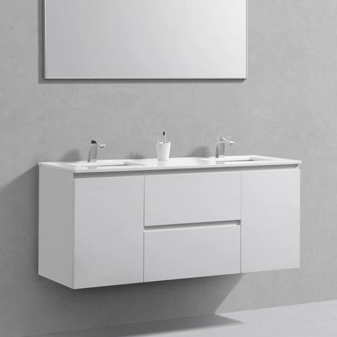 60" Liam, Gloss White Wall Mount Double Sink Vanity with Quartz Top LM1060D-GW