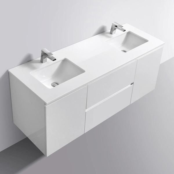 60" Liam, Gloss White Wall Mount Double Sink Vanity with Quartz Top LM1060D-GW