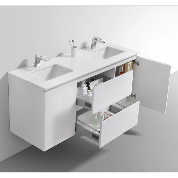 60" Liam, Gloss White Wall Mount Double Sink Vanity with Quartz Top LM1060D-GW