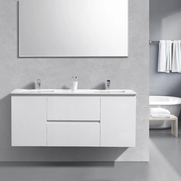 60" Liam, Gloss White Wall Mount Double Sink Vanity with Quartz Top LM1060D-GW