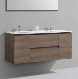 60" Liam, Light Walnut Wall Mount Double Sink Vanity with Quartz Top LM1060D-LW