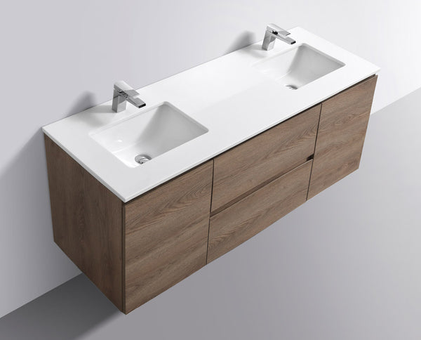 60" Liam, Light Walnut Wall Mount Double Sink Vanity with Quartz Top LM1060D-LW