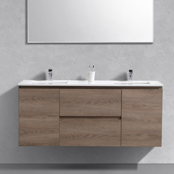 60" Liam, Light Walnut Wall Mount Double Sink Vanity with Quartz Top LM1060D-LW