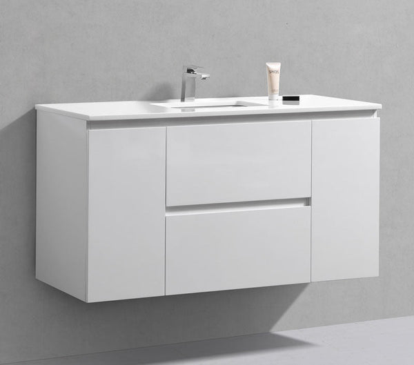 48" Liam, Gloss White Wall Mount Vanity with Quartz Top LM1048-GW