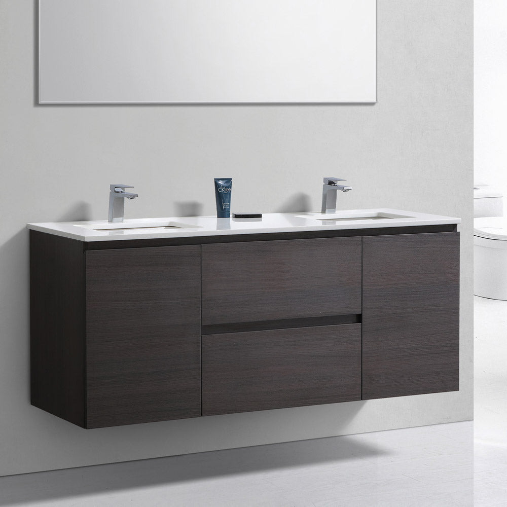 60" Liam, Grey Oak Wall Mount Double Sink Vanity with Quartz Top LM1060D-GO