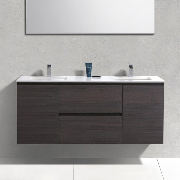 60" Liam, Grey Oak Wall Mount Double Sink Vanity with Quartz Top LM1060D-GO